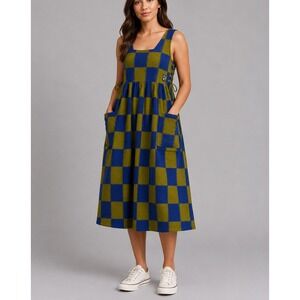 House of FLINT Check It Dress Womens OS Blue Wool Blend Checkered Pinafore Midi